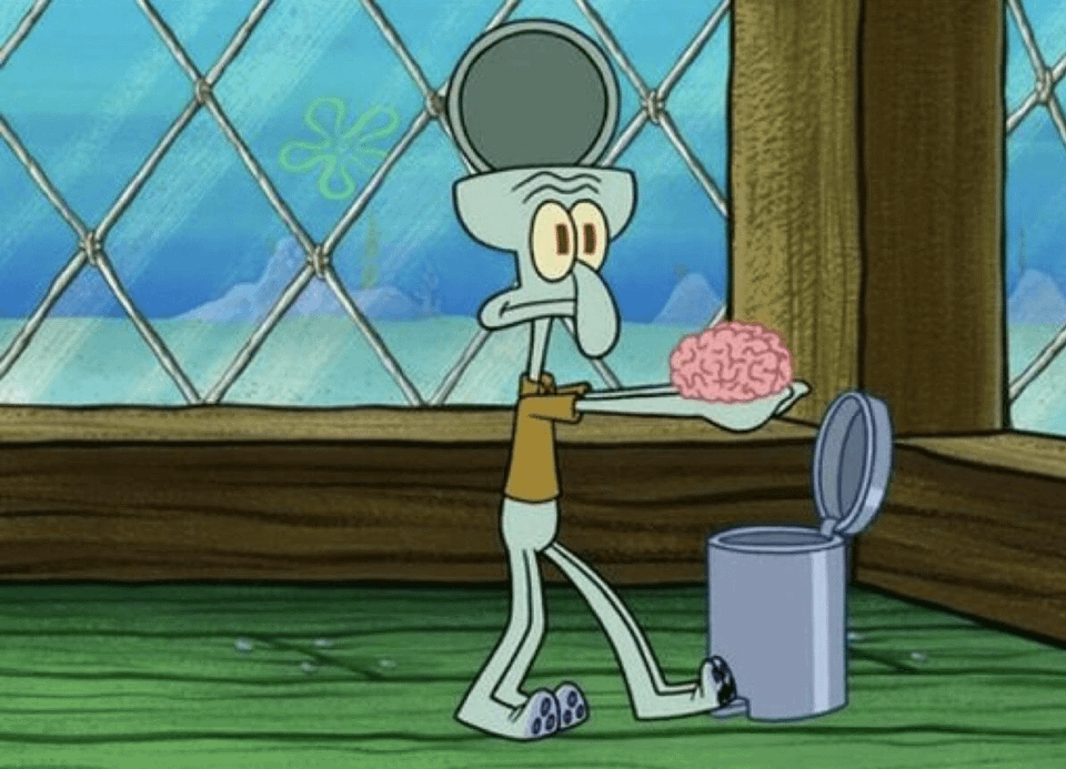 Squidward throwing his brain into a trash can