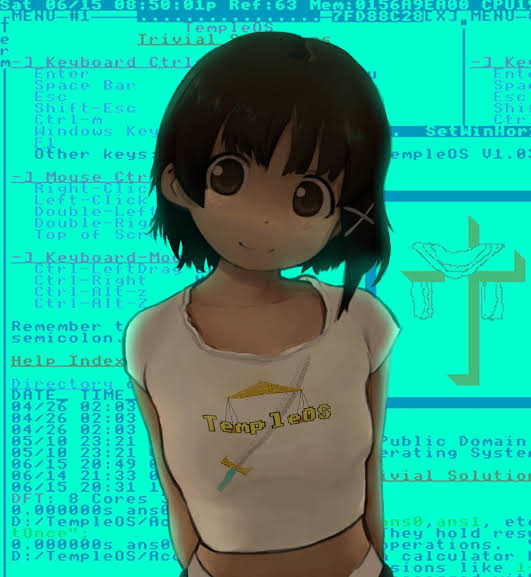 Lain from serial experiments lain with a TempleOS shirt and a screenshot of TempleOS in the background