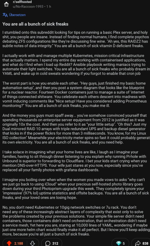 A reddit post complaining about the insanity of homelabbers A reddit post complaining about the insanity of homelabbers
